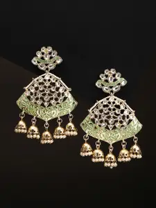 Priyaasi  Green Gold Plated Kundan Studded & Beaded Meenakari Triangular Drop Earrings