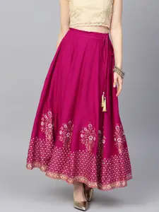 Varanga Magenta & Golden Khadi Print Flared Maxi Skirt