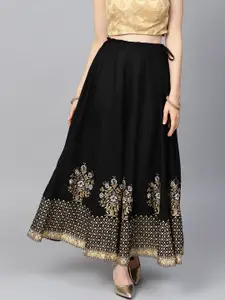 Varanga Black & Golden Khadi Print Flared Maxi Skirt