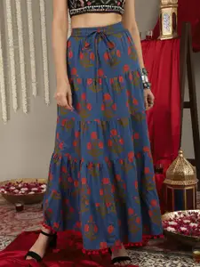 Varanga Blue & Pink Printed Flared Maxi Dress