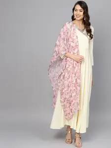 Ahalyaa Women Cream-Coloured Pink Solid Angrakha A-Line Dress with Dupatta