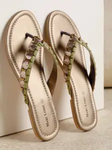 Marc Loire Women Gold-Toned & Olive Green Embellished Open Toe Flats