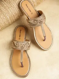 Marc Loire Women Taupe & Gold-Toned Embellished T-Strap Flats