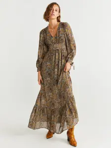 MANGO Women Mustard Brown & Blue Printed Maxi Dress