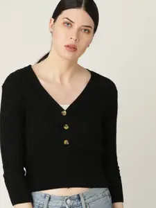 MANGO Women Black Ribbed Cropped Sweater