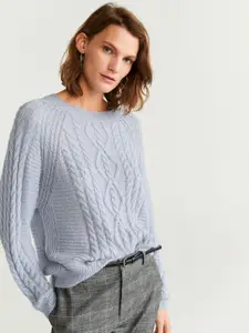 MANGO Women Blue Self Design Sweater