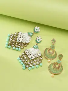 Zaveri Pearls Set of 2 Gold-Toned & Green Meenakari Kundan Crescent Shaped Drop Earrings