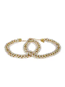 Zaveri Pearls Set of 2 Gold-Plated Kundan & Pearls Studded Anklets