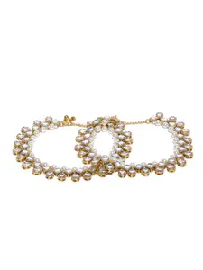 Zaveri Pearls Set of 2 Gold-Plated Kundan & Pearls Studded Anklets