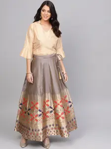 Varanga Women Grey & Beige Woven Design Top with Skirt