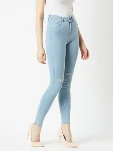 Miss Chase Women Blue Skinny Fit High-Rise Slash Knee Stretchable Jeans