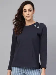 Antheaa Women Navy Blue Solid Sweatshirt