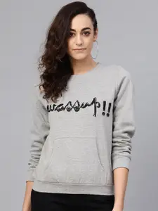 Antheaa Women Grey Melange Embellished Sweatshirt