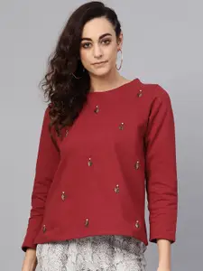 Antheaa Women Maroon Embellished Sweatshirt