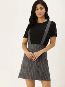 FOREVER 21 Women Grey & White Striped A-Line Skirt with Suspenders