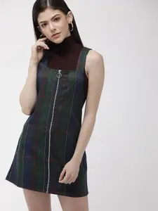 FOREVER 21 Women Green & Navy Blue  Checked Pinafore Dress