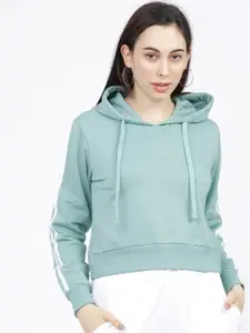Tokyo Talkies Women Mint Green & White Solid Hooded Sweatshirt