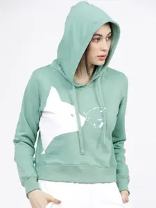 Tokyo Talkies Women Green & White Printed Hooded Sweatshirt