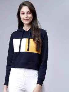 Tokyo Talkies Women Navy Blue & Yellow Colourblocked Hooded Sweatshirt