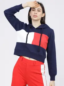 Tokyo Talkies Women Navy Blue & Red Colourblocked Hooded Sweatshirt