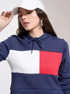 Tokyo Talkies Women Navy Blue & Red Colourblocked Hooded Sweatshirt