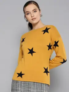 STREET 9 Women Mustard Yellow & Black Self Design Sweater