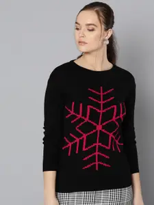 STREET 9 Women Black & Pink Self Design Sweater