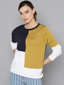 STREET 9 Women Mustard Yellow & Navy Blue Colourblocked Sweater