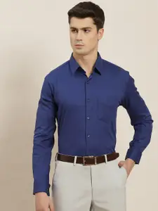 Hancock Men Navy Blue Solid French Cuff Slim Fit Pure Cotton Formal Shirt