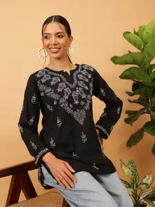 ADA Women Black & White Chikankari Embroidered Pure Cotton Kurti