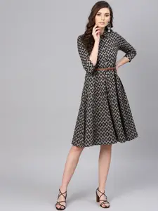 SASSAFRAS Black & Beige Ikat Print Cotton Shirt Dress