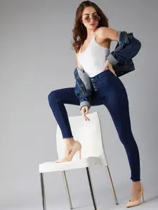 DOLCE CRUDO Women Navy Blue Skinny Fit High-Rise Clean Look Stretchable Cropped Jeans