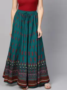 Anayna Teal Blue & Red Printed Flared Maxi Skirt
