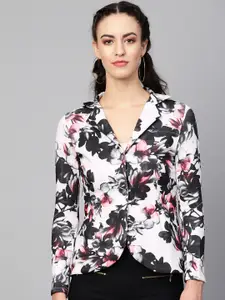 Vemante Women White & Black Single-Breasted Printed Casual Blazer