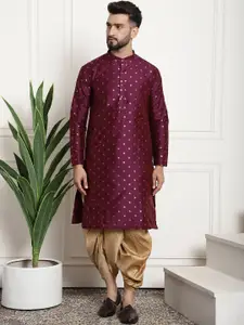 SOJANYA Men Purple & Gold-Coloured Self Design Kurta with Dhoti Pants