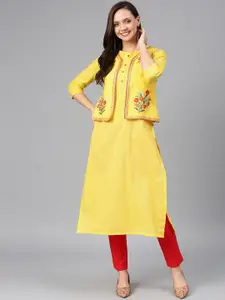 Alena Women Yellow Embroidered Straight Layered Kurta