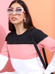 Tokyo Talkies Women Black & Pink Colourblocked Sweatshirt