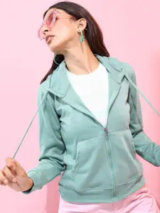Tokyo Talkies Women Green Solid Hooded Sweatshirt