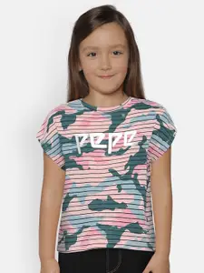 Pepe Jeans Girls Pink & Blue Printed Round Neck T-shirt