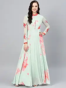 Inddus Sea Green & Red Floral Printed Maxi Dress
