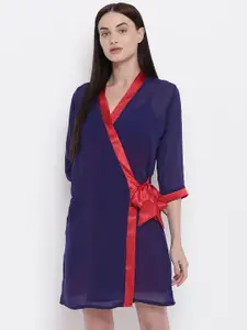 Sweet Dreams Red & Navy Blue Solid Above Knee Satin Finish Nightdress With Robe