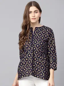 Bhama Couture Women Navy Blue & Golden Printed A-Line Pure Cotton Top