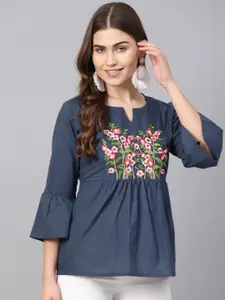 Bhama Couture Women Navy Blue Embroidered Detail A-Line Pure Cotton Top
