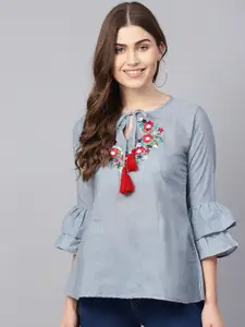 Bhama Couture Women Blue Embroidered Detail Chambray A-Line Pure Cotton Top