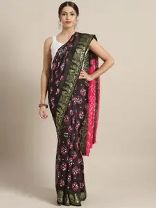 Geroo Jaipur Hand Dyed Black & Pink Bandhani Silk  Sustainable Saree