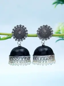 Golden Peacock Silver-Toned & Black Oxidised Dome Shaped Jhumkas