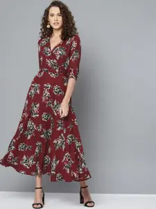 Marie Claire Women Maroon & Black Floral Printed Maxi Dress