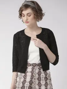 Style Quotient Women Black Self Design Open Front Crop Shrug