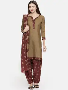 Rajnandini Olive Brown & Maroon Cotton Blend Unstitched Dress Material