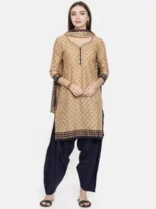 Rajnandini Beige & Navy Blue Cotton Blend Unstitched Dress Material